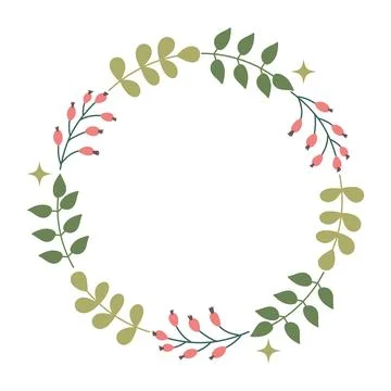 Hand drawn round Frame from spring leaves and flowers. Minimalist plant wre.. Stock Illustration