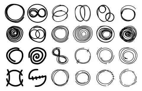 Hand drawn round frames, circles. Set of sketch icons, logos, backgrounds Stock Illustration