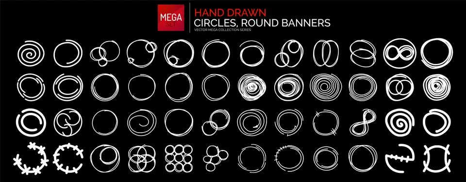 Hand drawn round frames, circles. Set of sketch icons, logos, backgrounds Illustrazione stock