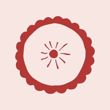 Hand drawn round pillow with wavy border and sun symbol in center. Cute Stock Illustration