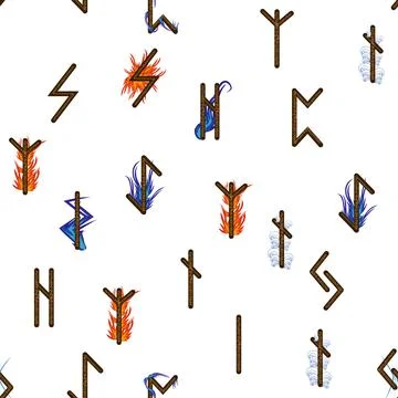 Hand drawn runic letters seamless pattern with elemental symbols. Magic sig.. Stock Illustration