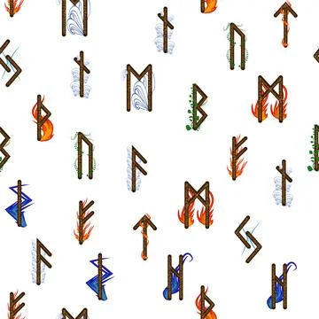 Hand drawn runic letters seamless pattern with elemental symbols. Magic signs Stock Illustration