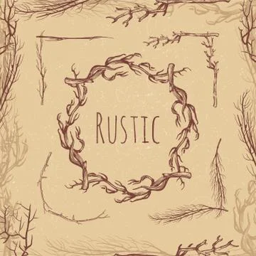 Hand drawn rustic branches vintage style. Rustic angle and frame Stock Illustration