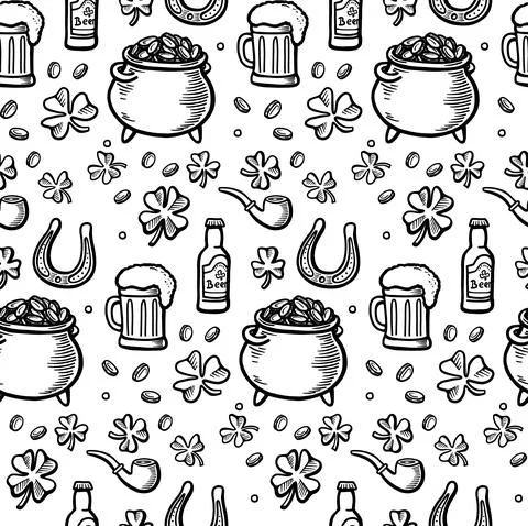Hand drawn saint patricks seamless pattern with line elements. Irish pattern Stock Illustration