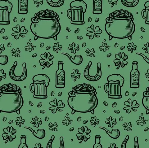 Hand drawn saint patricks seamless pattern with line elements. Irish pattern Stock Illustration