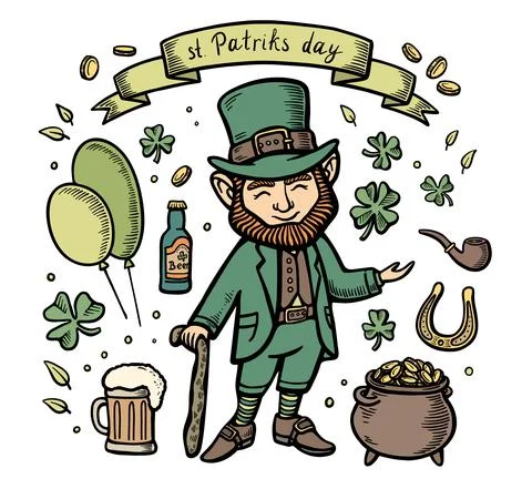Hand drawn saint patricks set of colorful design elements. Vector line illust Stock Illustration