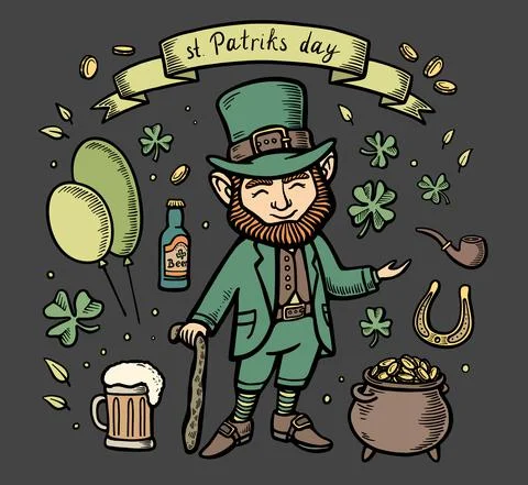 Hand drawn saint patricks set of colorful design elements. Vector line illust Illustrazione stock