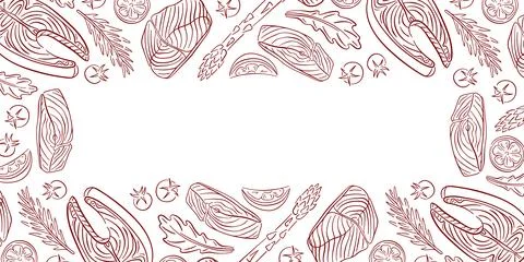 Hand drawn salmon border with steak cut, herb, asparagus and spice. Line art 库存插图