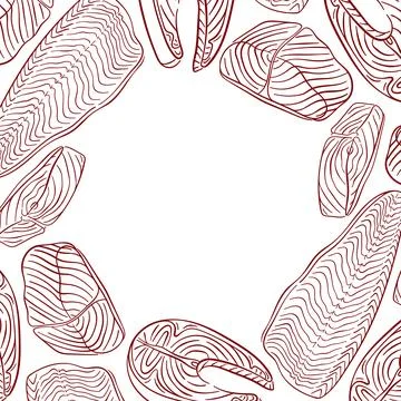 Hand drawn salmon fish frame with steak cut in line art style. Ideal for seafood Stock Illustration