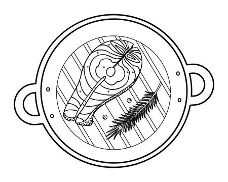Hand Drawn Salmon Steak and Rosemary Sprig with Peppercorn in Grill Pan Logo Stock Illustration