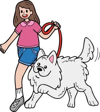 Hand Drawn Samoyed Dog walking with owner illustration in doodle style Stock Illustration