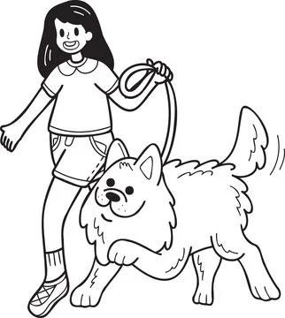 Hand Drawn Samoyed Dog walking with owner illustration in doodle style Stock Illustration