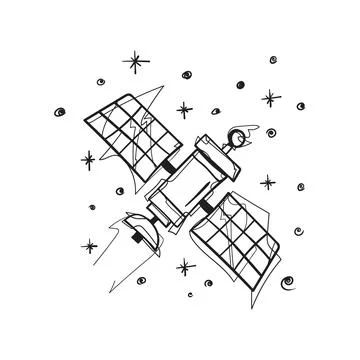 Hand Drawn Satellite Orbiting Space Doodle Illustration Stock Illustration