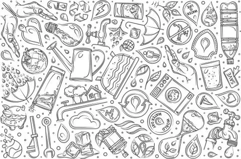 Hand drawn saving water set doodle vector background 库存插图