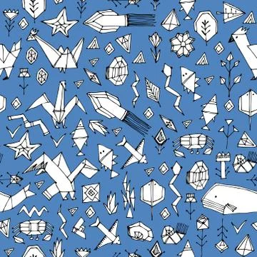 Hand drawn scandinavian seamless pattern with Marine animals and plants, blac Stock Illustration