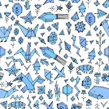 Hand drawn scandinavian seamless pattern with Marine animals and plants, blac Stock Illustration