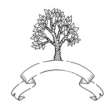 Hand drawn scetch tree with ribbon banner. Zentagle pattern vector illustration. Stock Illustration