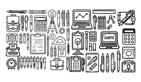 Hand drawn school and office supplies doodle set with black outlines featuring イラスト素材
