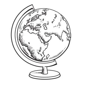 Hand drawn school globe. Model of Earth.Geography icon. Black and white sketch Stock Illustration