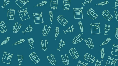 Hand-drawn school items scatter across a teal background Stock Footage 335712091
