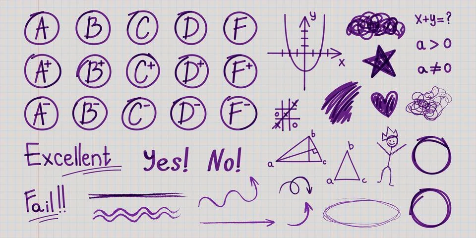 Hand drawn school math grades and exam marks Ilustración de archivo