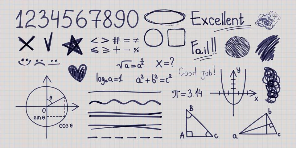 Hand drawn school math grades and exam marks Ilustración de archivo