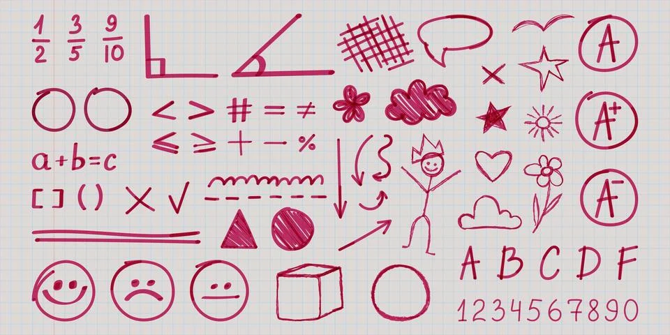 Hand drawn school math grades and exam marks Ilustración de archivo