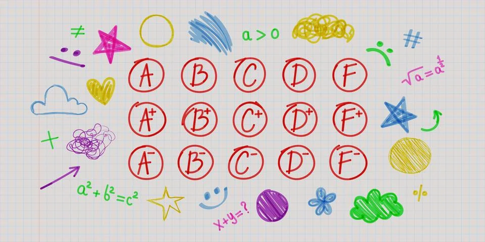Hand drawn school math grades and exam marks Ilustración de archivo