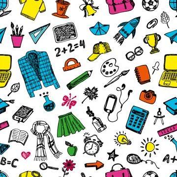 Hand drawn school seamless pattern on white background. Vector icon set surface Illustrazione stock