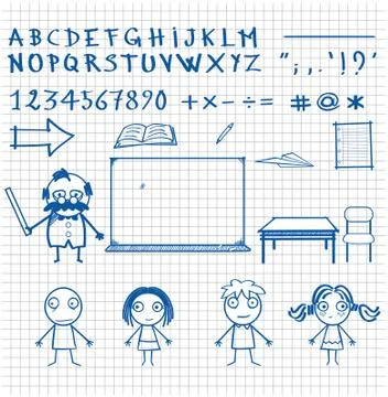 Hand-drawn school theme characters - objects and symbols on square background Stock Illustration