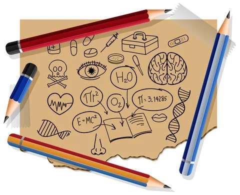 Hand drawn science elements on paper with many pencils Stock Illustration