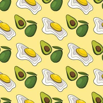 Hand drawn scrambled eggs and avocado on yellow background. Stock Illustration