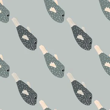 Hand drawn scrapbook seamless pattern in grey and blue fish elements print. B Stockillustratie