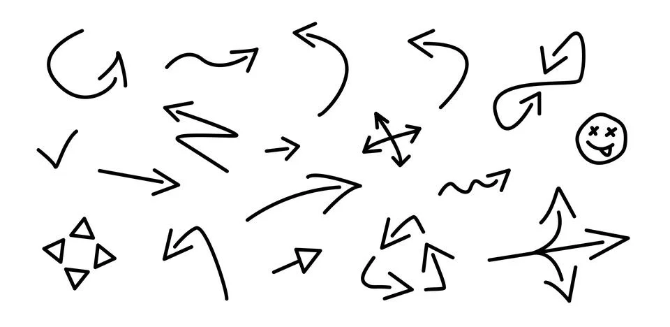 Hand-drawn scribble arrows collection. Curve element graphic illustrations... Illustrazione stock