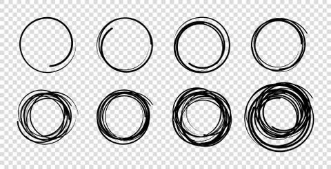 Hand drawn scribble circles set. Doodle circular logo design elements. Pencil or Stock Illustration