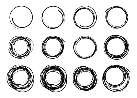 Hand drawn scribble circles set. Doodle circular logo design elements. Pencil or Stock Illustration