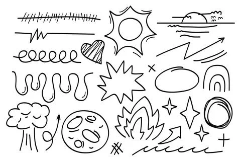 Hand drawn scribble doodle style collection of heart,star,moon,sun,wave, ar.. Ilustração Stock