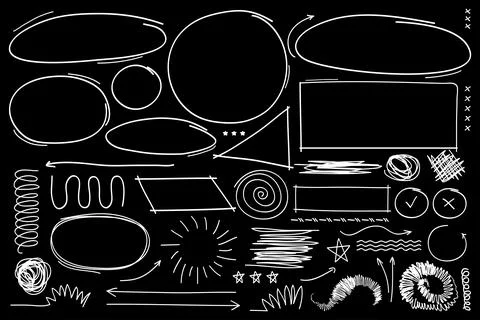 Hand drawn scribble element collection isolated on black background.Vector .. Illustrazione stock