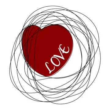 Hand drawn scribble object with heart and word LOVE. Isolated scrawl sketch o Illustrazione stock