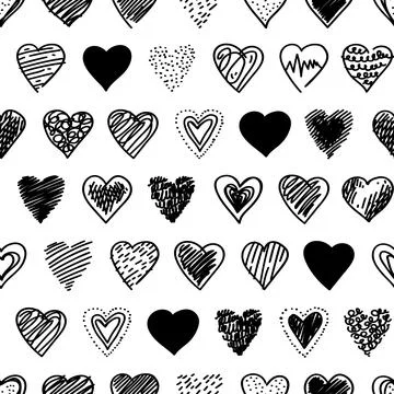 Hand drawn scribble sketch hearts seamless pattern. Abstract line black Illustrazione stock