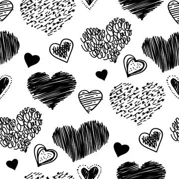 Hand drawn scribble sketch hearts seamless pattern. Abstract line black Stock Illustration