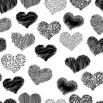 Hand drawn scribble sketch hearts seamless pattern. Abstract line background 스톡 일러스트