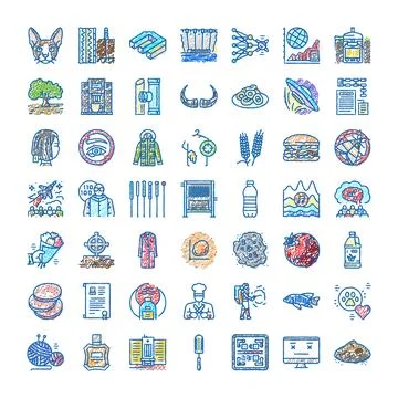 Hand drawn scribbled colorful icons collecting variety concepts Ilustración de archivo