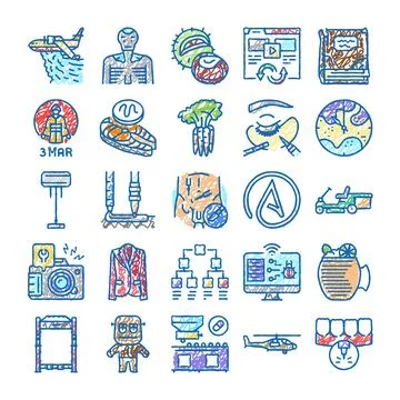 Hand drawn scribbled doodle icon set representing various concepts Illustrazione stock