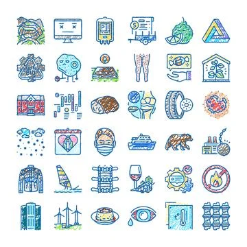 Hand drawn scribbled icons covering diverse concepts Ilustración de archivo