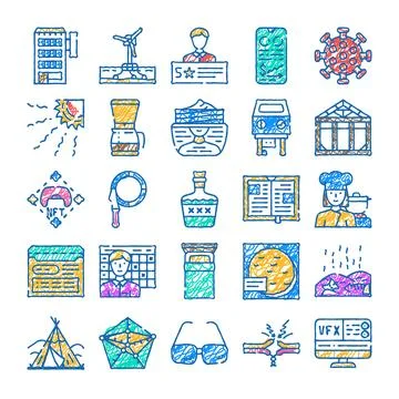 Hand drawn scribbles icons set illustrating various concepts Stock Illustration