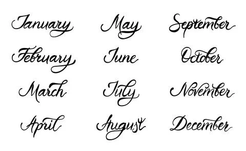 Hand Drawn Script Lettering 12 Months of Year, Vector Illustration Isolated.. Illustrazione stock