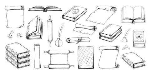 Hand drawn scrolls and books. Ancient paper or parchment letter and epistles Stock Illustration