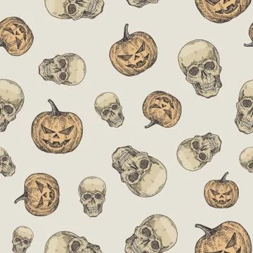 Hand Drawn Scull and Evil Pumpkin Vector Seamless Background Pattern. Halloween Stock Illustration