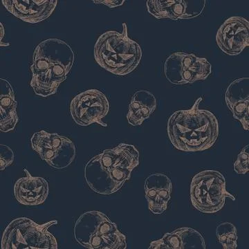 Hand Drawn Scull and Evil Pumpkin Vector Seamless Pattern. Halloween Celebration 스톡 일러스트
